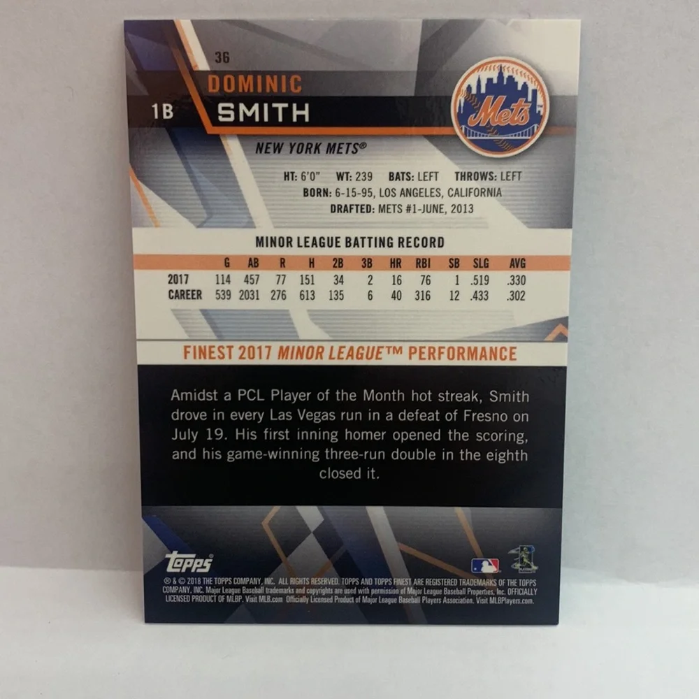 2018 Topps Finest Dominic Smith Mets Purple Refractor RC #36 SN 0006/250 (MISC7) - Picture 2 of 3